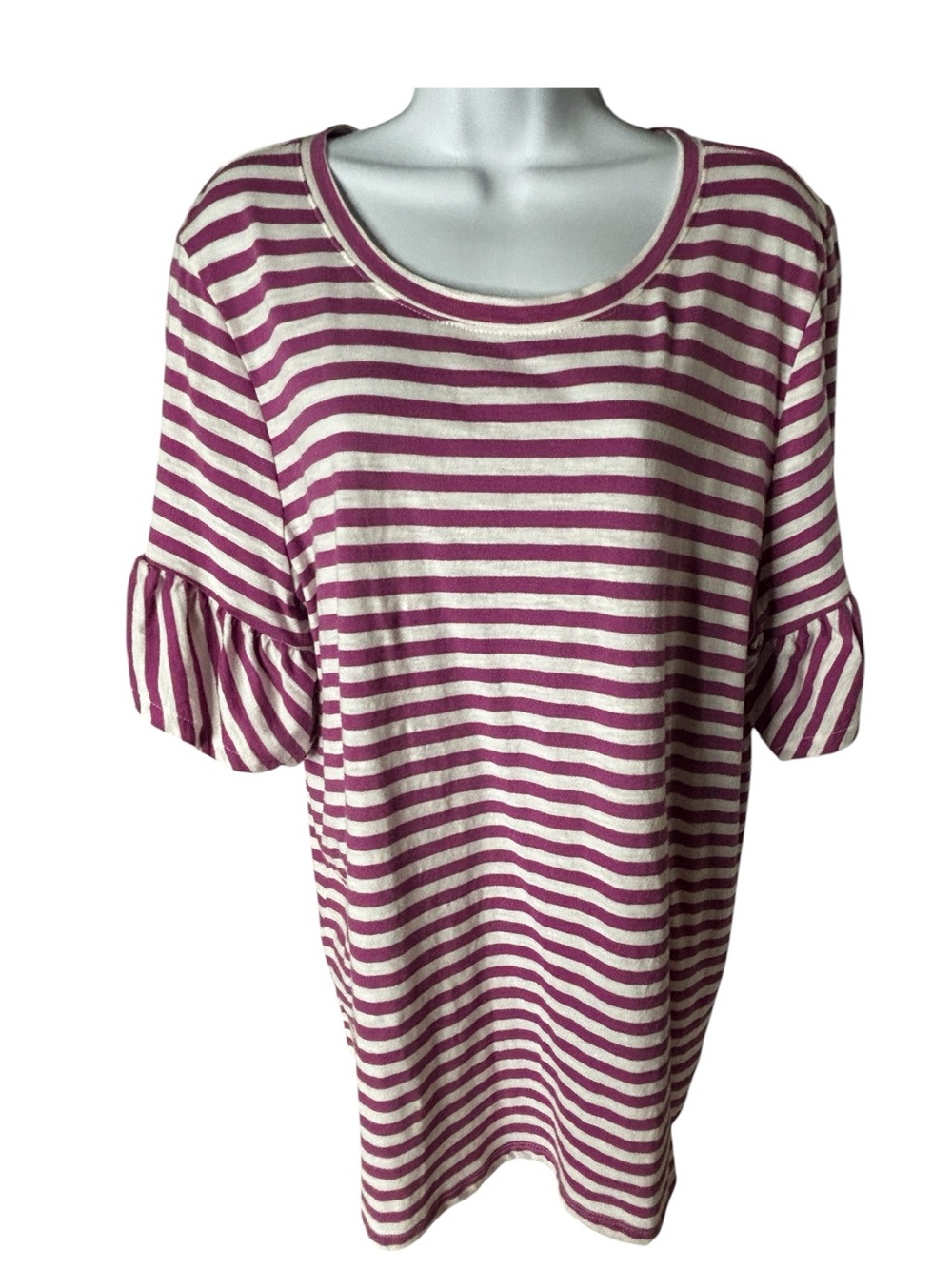 Lane Bryant Pink and Cream Striped Ruffle Sleeve Cotton Tunic Sz 18/20
